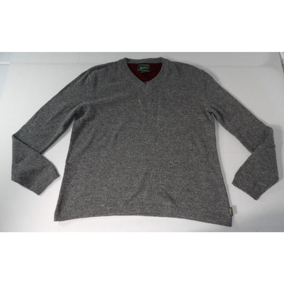 Woolrich Large Wool Sweater Gray V Neck Lambswool Gray Heather Fishermen Grandpa - Picture 2 of 11